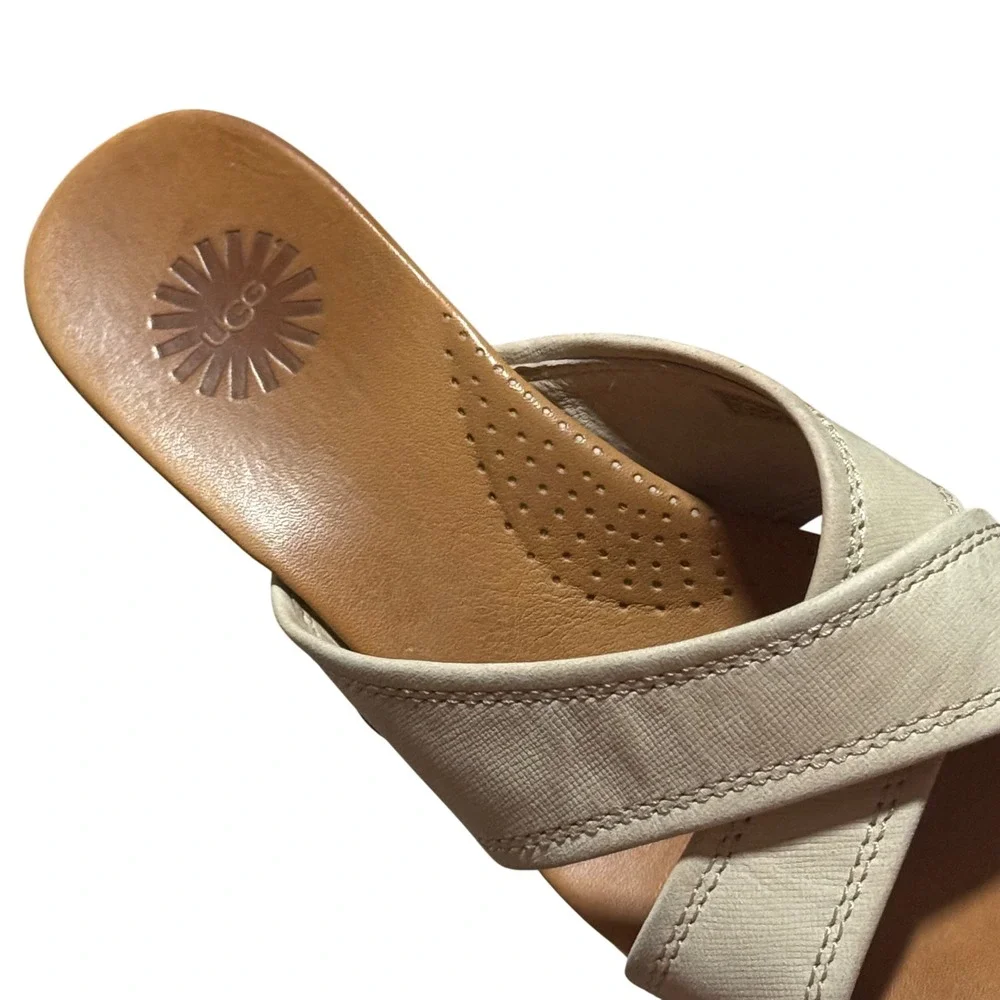 UGG Gwyn Beige Leather Espadrille Wedge Slide Sandals Women's Size 7